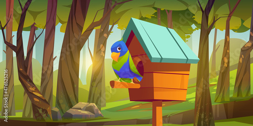 Cute bird sitting on wooden perch of birdhouse with blue slope roof on summer forest or park background. Home, feeder or nest with hole entrance. Crafts, nature protection, Cartoon vector illustration