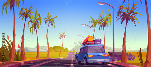 Stampa su Tela Road trip by car at summer vacation, holidays travel in tropical landscape on automobile with bags on roof driving along highway with palm trees by sides