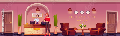 Woman guest check in on luxury hotel reception with female manager at desk look information on pc desktop. Hall, lobby interior, tourism, business trip. Interior of inn, Cartoon Vector Illustration