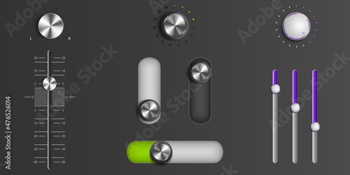 Sound mixer sliders and control knobs with dial. Vector realistic set of music studio panel or dj console, 3d metal audio tuners, faders and round switch isolated on dark background