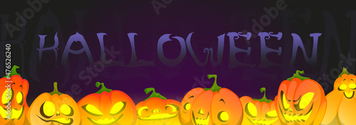 Halloween banner with pumpkins, seasonal holiday background with jack-o-lantern creepy faces with glowing eyes and spooky facial expression. Party celebration flyer or invitation, Vector illustration