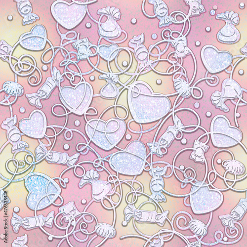 Background is seamless pink with hearts. Wedding texture. Romantic drawing Valentine's Day. Template for printing on fabric, packaging and Wallpaper.Brilliant pattern for Christmas and Easter.