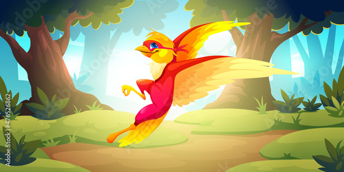 Bird superhero in red costume and mask flying in forest. Vector cartoon illustration of summer woods landscape with green trees, grass and cute canary character in super hero suit