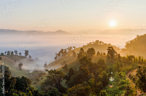 Panoramic amazing mist mountain landscape with sunrise background © AungMyo