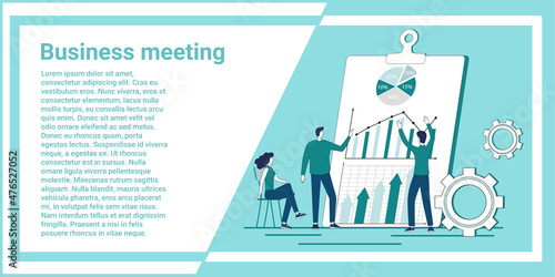 Business meeting.People on the background of graphs and diagrams solve business problems..An illustration in the style of a green landing page.