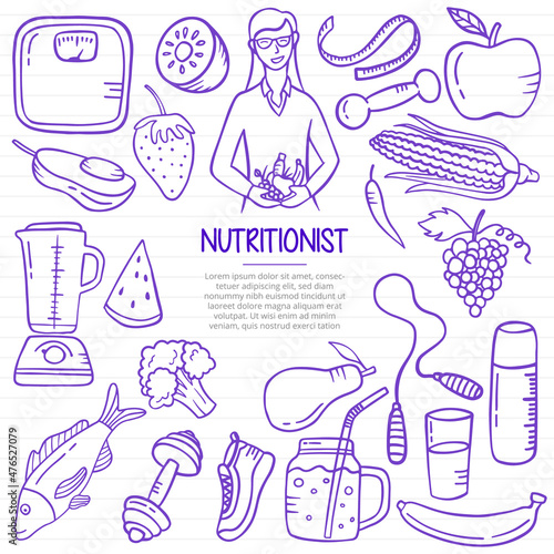 nutritionist doodle hand drawn with outline style on paper books line