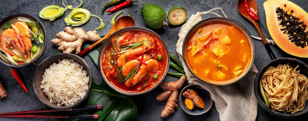Traditional Thai food on dark background.