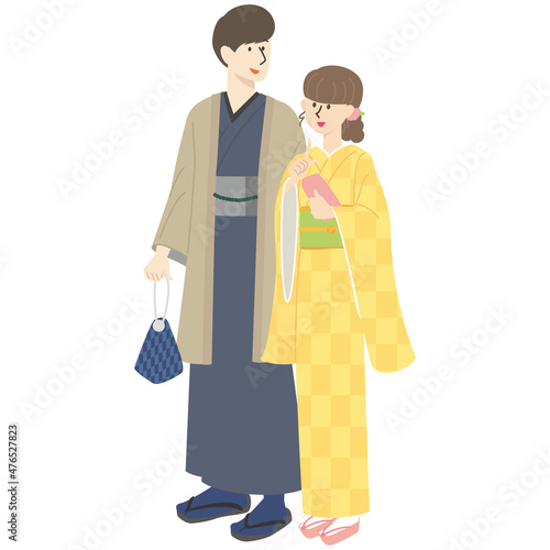 着物をレンタルして京都を観光する若い男女のカップル