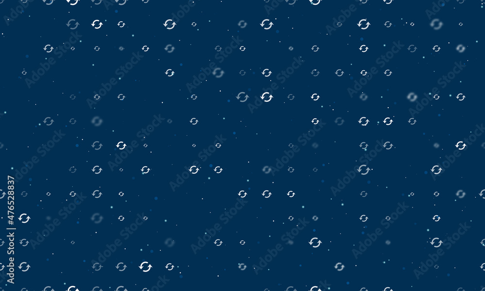 Seamless background pattern of evenly spaced white refresh symbols of different sizes and opacity. Vector illustration on dark blue background with stars Seamless background pattern of evenly spaced white refresh symbols of different sizes and opacity. Vector illustration on dark blue background with stars