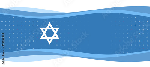Blue wavy banner with a white star of David symbol on the left. On the background there are small white shapes, some are highlighted in red. There is an empty space for text on the right side