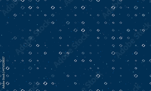 Seamless background pattern of evenly spaced white refresh symbols of different sizes and opacity. Vector illustration on dark blue background with stars