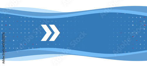 Blue wavy banner with a white double arrow symbol on the left. On the background there are small white shapes, some are highlighted in red. There is an empty space for text on the right side