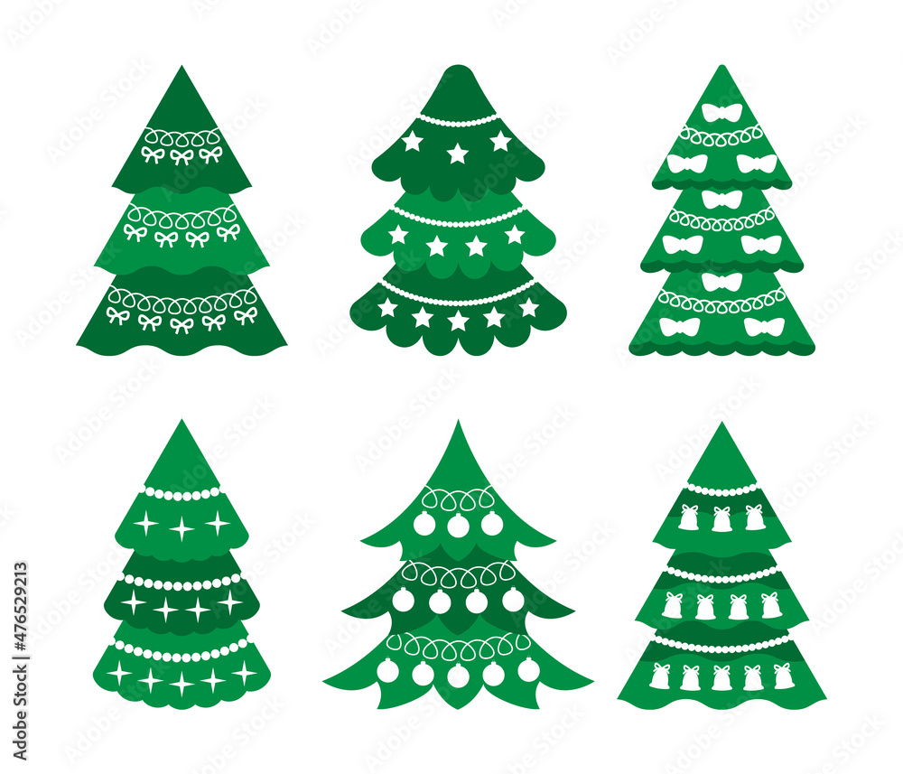 Set of decorated Christmas trees with balls, bows, stars, bells, garland. New Year decoration