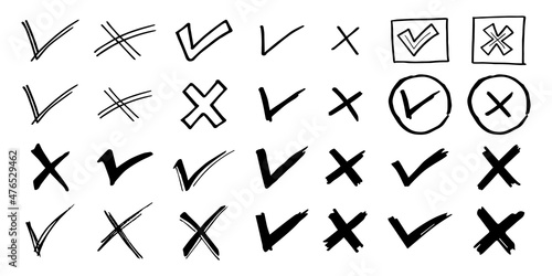Tick and cross black signs. Gray checkmark OK and X icons  isolated on white background. Simple marks graphic design. Circle symbols YES and NO button for vote  decision  web. Vector illustration.