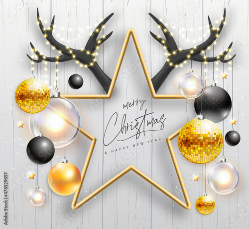Merry Christmas and happy New Year poster with christmas holiday decorations. Christmas holiday background. Star shape with horns. Vector illustration