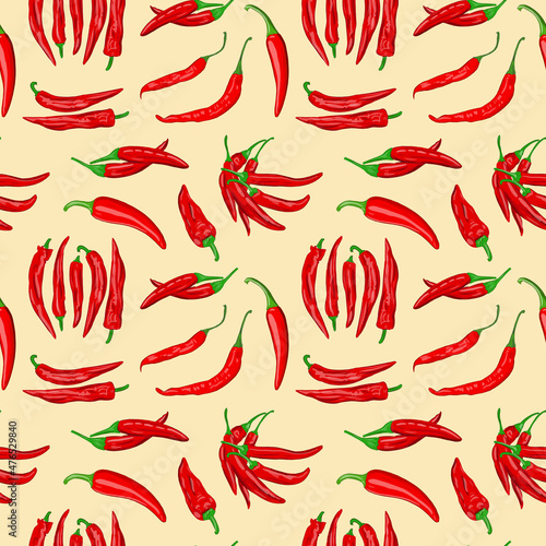 Digital illustration of a seamless pattern of red hot cayenne pepper pods on a yellow background. High quality illustration