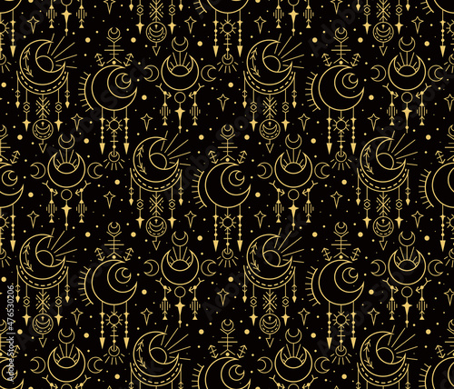 Seamless galaxy geometric esoteric pattern. Yellow contour space sacred ornaments. Vector magic texture with stars and dots on dark background. Witchcraft decoration with sun and crescent.