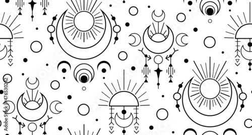 Seamless monochrome moon esoteric pattern. Black contour space sacred ornaments. Vector magic texture with stars, crescent and sun on white background. Witchcraft decoration.