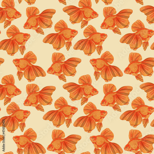Digital illustration of orange detailed aquarium goldfish seamless pattern on yellow background. High quality illustration