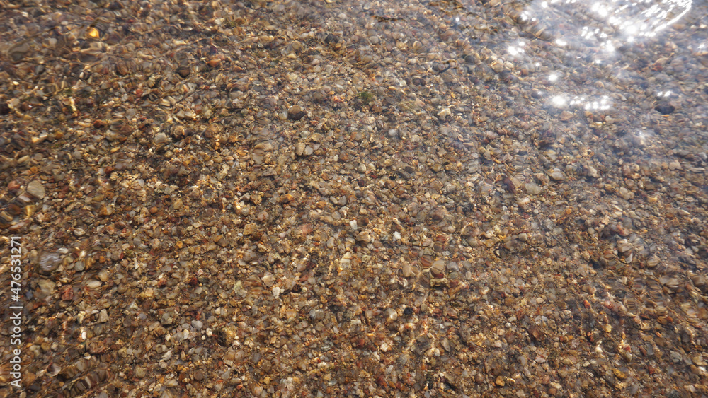 Sand surface in clear, sunlight on the right side of a photo taken from a stream near the garden. Sand surface in clear, sunlight on the right side of a photo taken from a stream near the garden.
