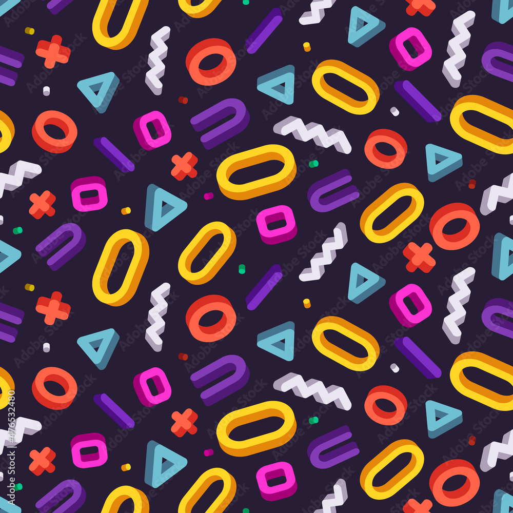 3d geometric shapes of different shapes and colors. Multicolored seamless pattern on a dark background.