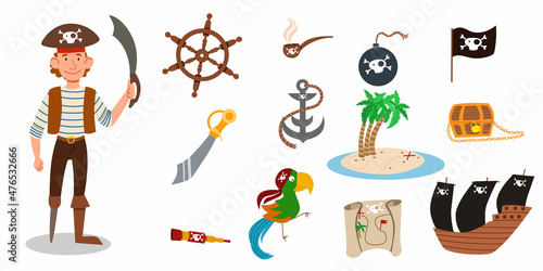 A set of pirate items. a pirate character in a suit, wearing a hat, without a leg and with a sword in his hand. vector illustration of a pirate sailor isolated on a white background