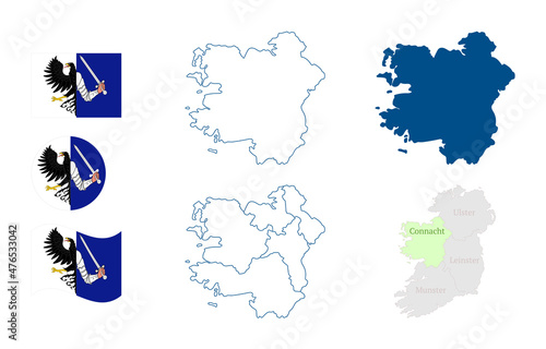 Connacht map. Province of Ireland. Detailed blue outline and silhouette. Administrative divisions and counties. Country flag. Set of vector maps. All isolated on white background. Template for design.