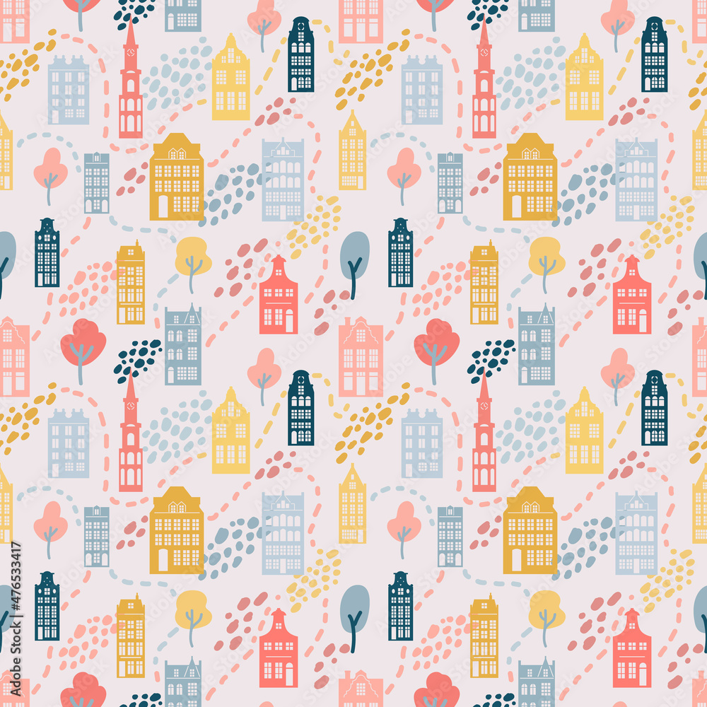 European old houses. Hand drawn seamless pattern with old european buildings. German, Netherlands style homes. Cute vector background.