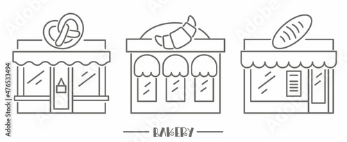 Bakery shop icons. Patisserie front with signboard. Pastry store. Facade of market. Outline vector set.