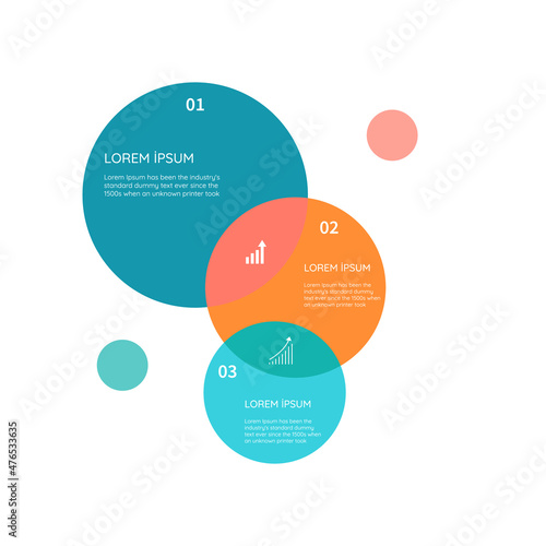 Three overlapping circles infographic. Venn diagram slide template vector illustration.