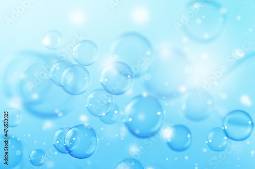 Beautiful Transparent Shiny Blue Soap Bubbles Background. Celebration, White Bokeh Bubbles Backdrop. Christmas Wallpaper. 