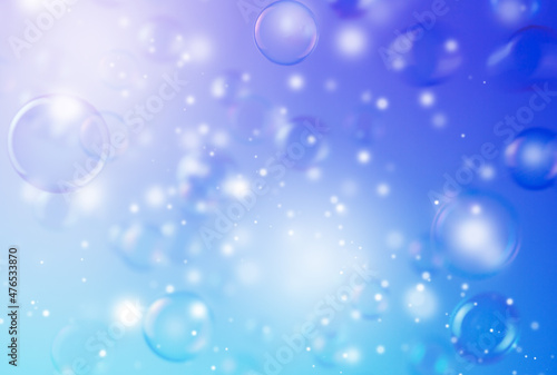 Beautiful Transparent Blue Dark Soap Bubbles Background. Celebration, White Bokeh Bubbles Backdrop. Christmas Wallpaper. 
