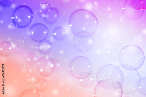 Beautiful Transparent Colorful Purple, Yellow and Pink Soap Bubbles Background. Celebration, White Bokeh Bubbles Backdrop. Christmas Wallpaper.	