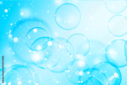 Beautiful Transparent Shiny Blue Soap Bubbles Background. Celebration, White Bokeh Bubbles Backdrop. Christmas Wallpaper.