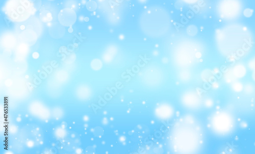 White Glitter Lights on Blue Texture Background. White Bokeh. Defocused, Celebration, Christmas Holiday Backdrop.