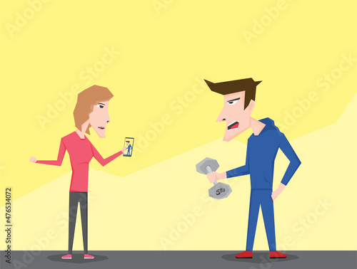 An illustration of woman taking photos of a man lifting dumbbells