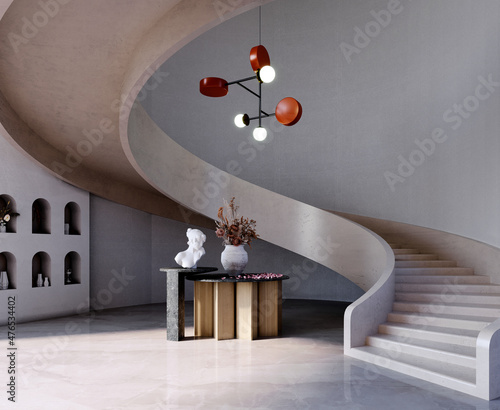 3d rendering,3d illustration, Interior Scene and  Mockup,Modern retro style spiral staircase corner, red-brown lamp and black marble center table with wooden legs.