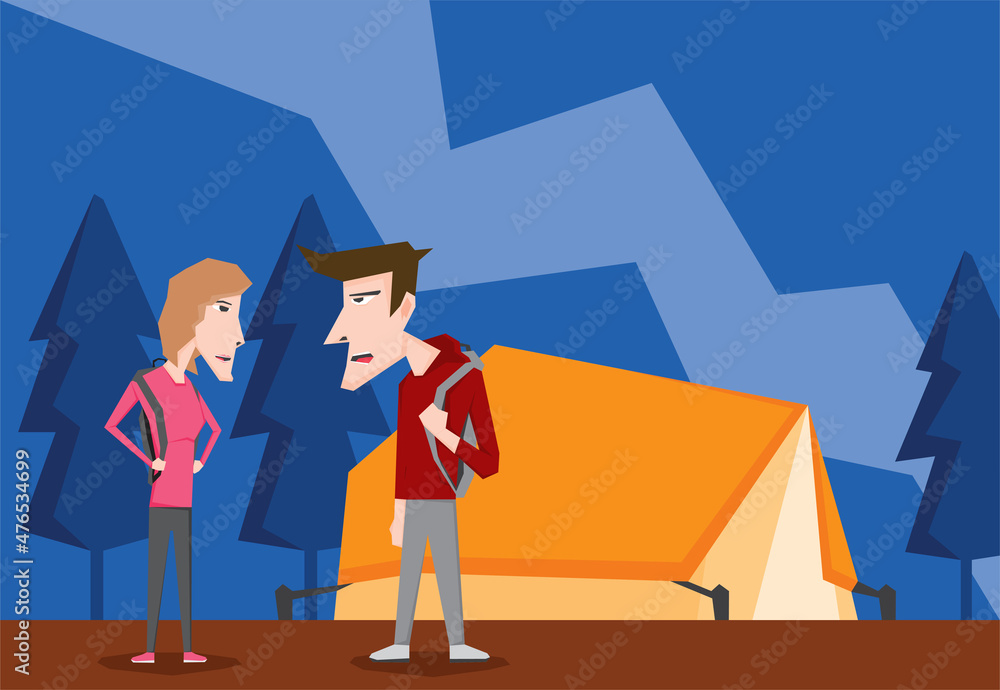 An illustration of man and woman camping at the forest An illustration of man and woman camping at the forest