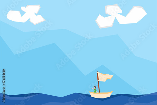 An illustration of a man sailing in the sea with blue sky