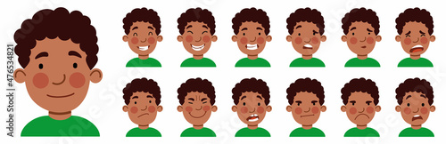 A set of male emotions. The expression on his face. An African-American guy is an Avatar . Vector illustration of a flat drawing on a white isolated background.