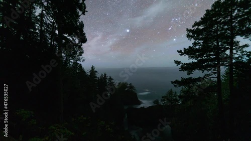 Time lapse tracking shot of scenic Oregon Coast landscape at night at Samuel H. Boardman State Scenic Corridor photo