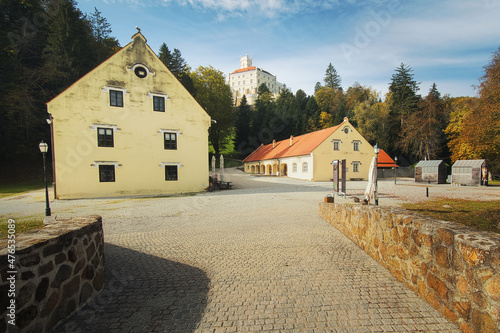 Beautiful scenery of Trakošćan Castle on the hill surrounded by forest in Croatia, county hrvatsko zagorje  photo