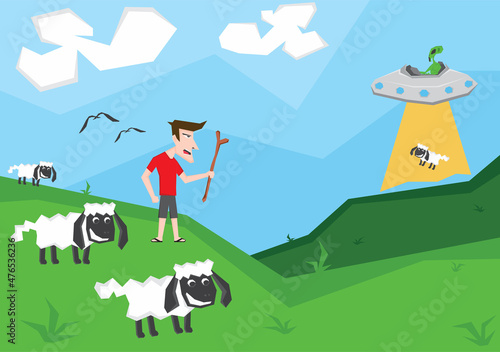 An illustration of a shepherd and his sheep in the green land and one of the sheep was stolen by alien