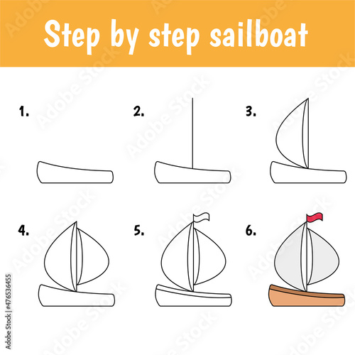 Easy educational game for kids. Simple level of difficulty. Gaming and education. Tutorial for drawing sailboat