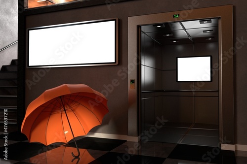 Wallpaper Mural Blank advertising lightboxes in the elevator and on the wall. Composition with an orange umbrella. 3d illustration Torontodigital.ca
