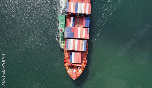 Aerial view of container transportation business, import-export, logistics, transportation by large cargo ships international trade concept.