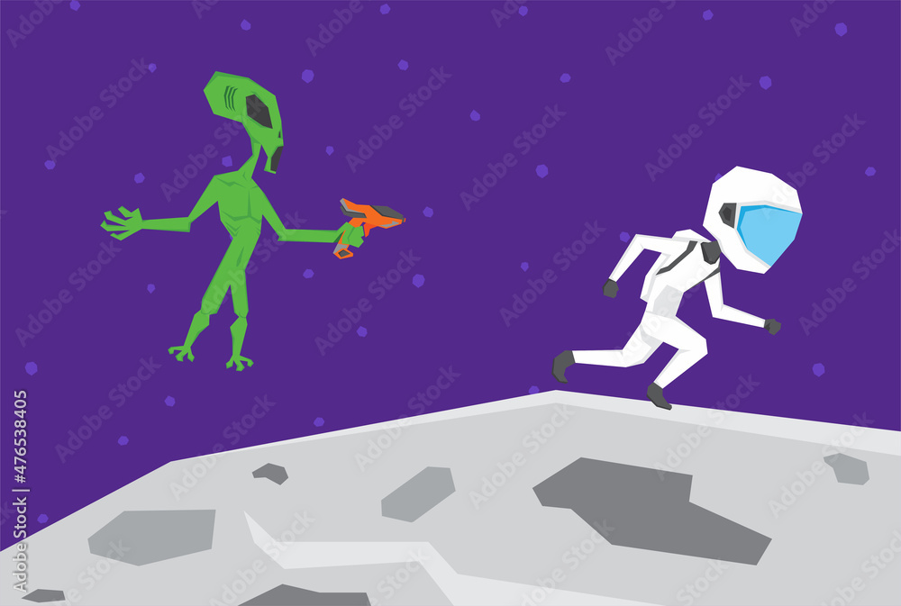An illustration of an astronaut walking in the moon, ambushed by aliens