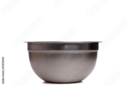empty stainless steel salad bowl on white background, metal bowl