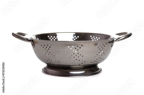 stainless steel colander with handles empty on white background