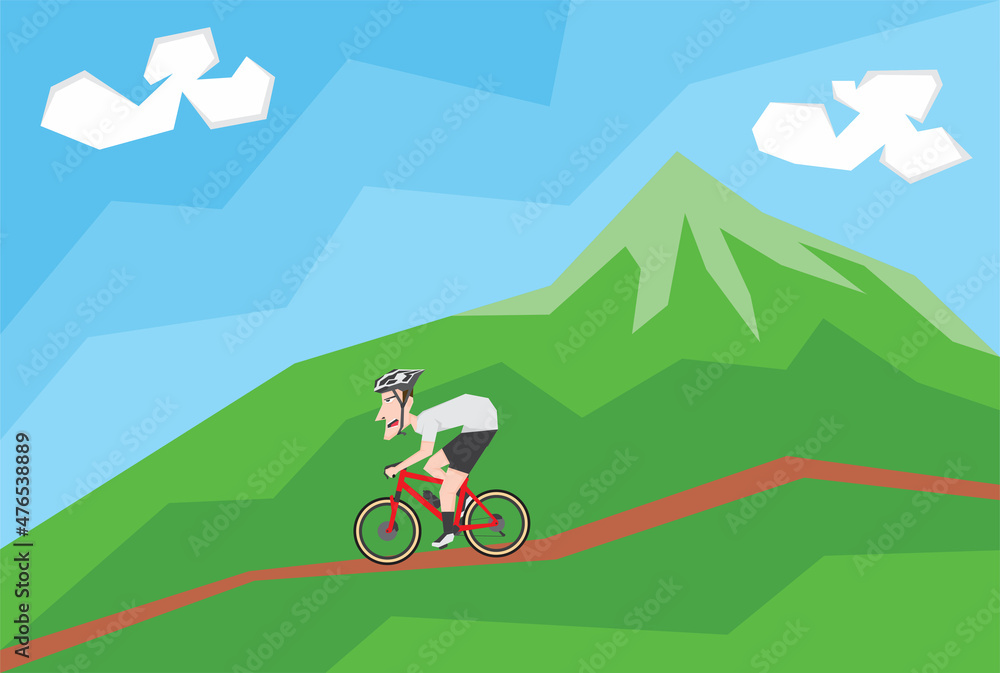 An illustration of man riding bike at the mountain